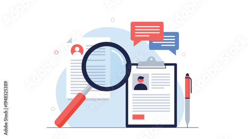 Human resources concept depicting a magnifying glass reviewing a job application resume with communication icons for hiring.