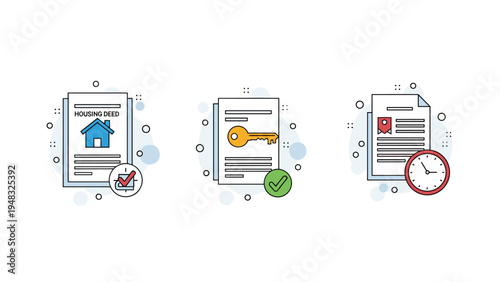 Real estate legal document icons representing housing deeds, property keys, and deadline management for closing the deal.