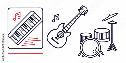 a guitar, keyboard, and drum set for making music Vector