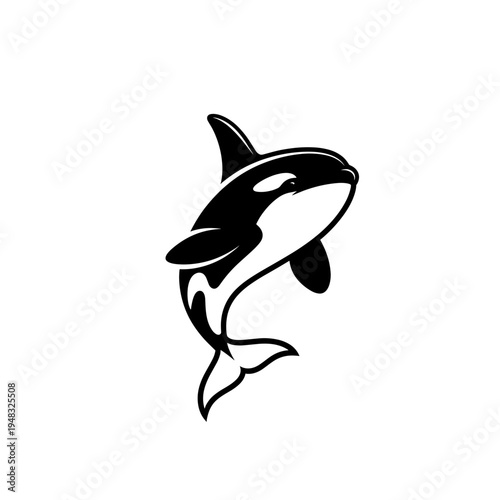 A stylized black and white illustration of an orca whale breaching.