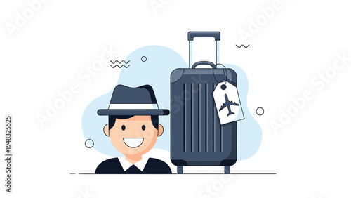 Business travel and vacation planning concept with a smiling man and a suitcase featuring an airplane flight tag for journeys.