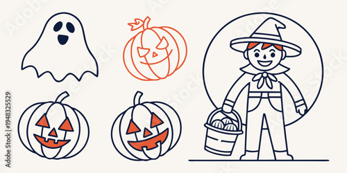 a scarecrow with pumpkins and a ghost Vector