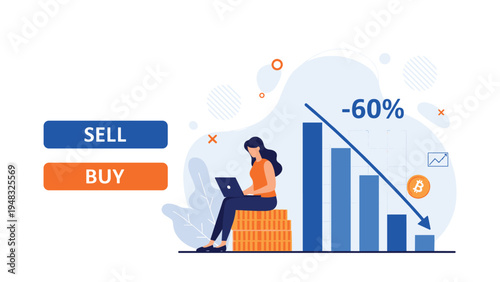 Cryptocurrency market crash concept with a woman on a laptop sitting on coins next to a major falling price chart for traders.