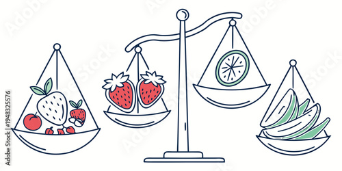 a scale with a plate of fruits and cheese balanced against a plate with money Vector