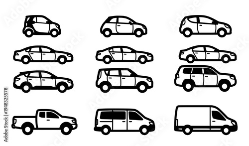 Modern Car Body Style Icons Vector Collection in Black and White
