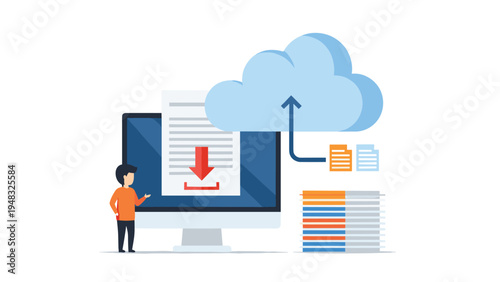Cloud computing and data transfer concept showing a man by a computer screen with upload and download arrows for file storage.