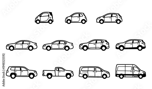 Passenger Vehicle Body Types Vector Icon Set in Black and White