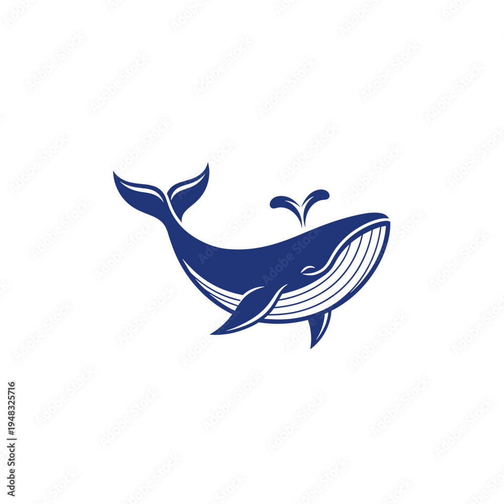 Fototapeta premium A stylized blue whale illustration with a water spout, swimming gracefully.