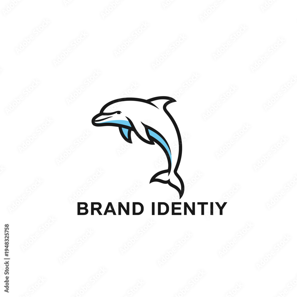 Fototapeta premium A stylized white and blue dolphin logo with a black outline, above the text 