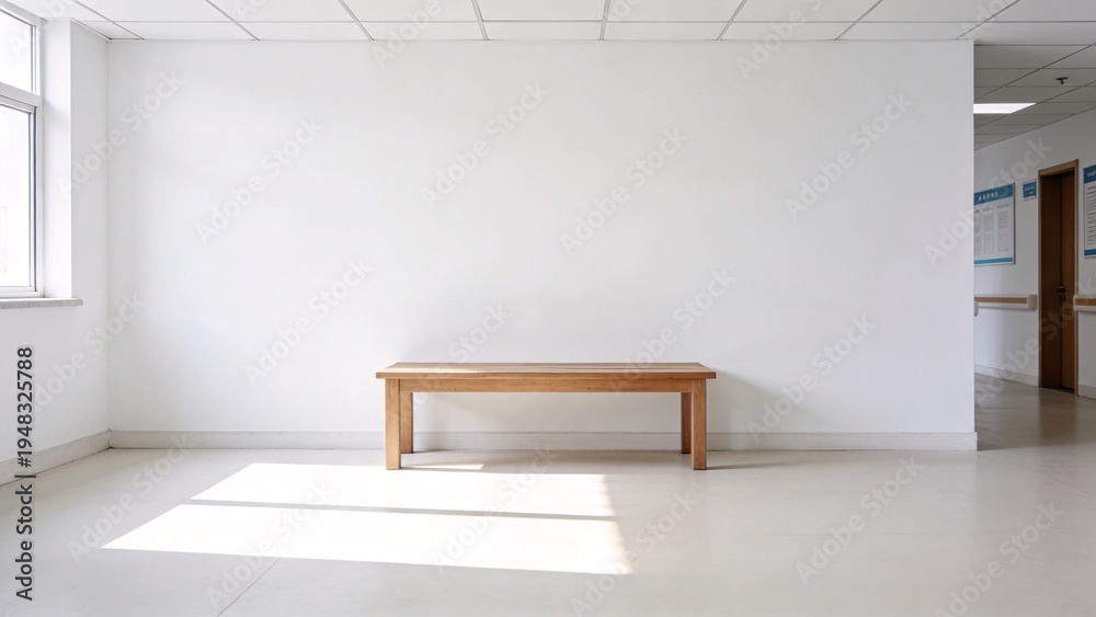 Fototapeta premium A brightly lit hallway in a community center or clinic with wooden bench,clean white wall copy space