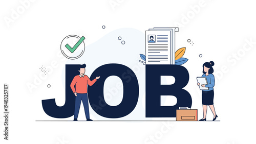 Professional recruitment and job search concept with people working around a large job sign and a resume with a checkmark symbol.