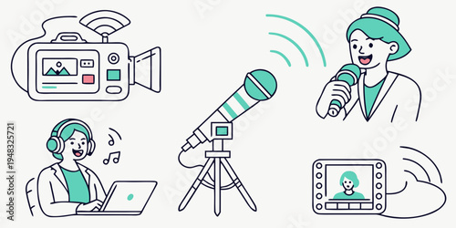 a group of people using a telescope and recording equipment Vector