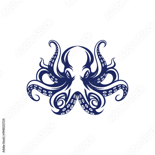 Stylized symmetrical blue octopus with intricate tentacles and suction cups on a white background, facing forward.