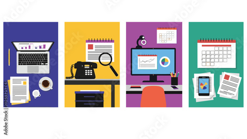 Desktop workspaces across multiple panels featuring laptop, phone, computer, calendar, and various office stationery items.
