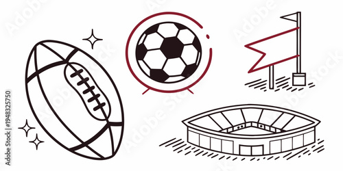 a football, soccer ball, and stadium with a flag Vector
