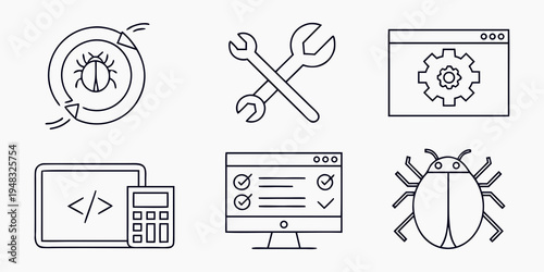 six line icons for web development and software engineering Vector