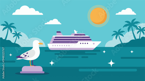 Flat Design Illustration of Cruise Ship, Tropical Island and Seagull