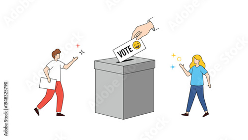 Democratic election process showing a voter casting a ballot into a box while people wait with enthusiasm for the results.
