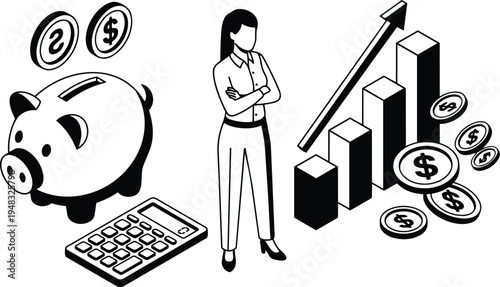 Isometric vector businesswoman confident standing with piggy bank calculator and rising bar chart coins financial growth analytics concept in monochrome