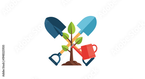 Gardener plants Arbor on a sunny Day with tools nearby outdoors.