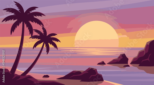 Tropical beach sunset with palm trees, ocean, and vibrant sky illustration