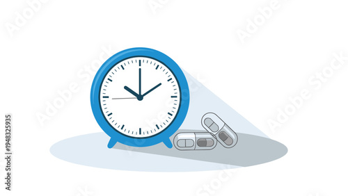 Daily medication timing and healthcare schedule concept featuring a blue alarm clock next to medical capsules.