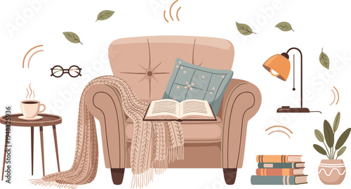 Cozy reading nook with armchair books lamp coffee and blanket comfortable home interior relaxation lifestyle flat vector illustration