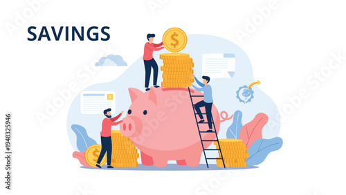 Financial savings and investment growth concept showing people collaborating to fill a large piggy bank with coins.