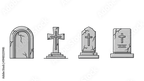 Collection of assorted grey stone grave markers and tombstones with various religious cross designs and cracks.