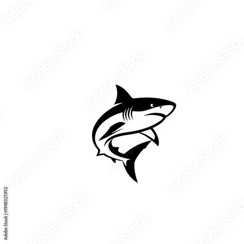 Stylized black and white illustration of a shark swimming, depicted with sharp teeth and powerful fins, suitable for a logo or mascot.