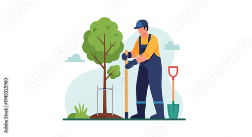 Man planting tree on a sunny day near an arbor outdoors