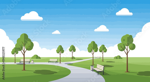 A serene park scene on a sunny day with an arbor and pathway