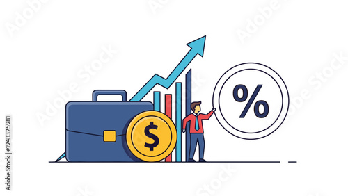 Financial growth and business success concept with a professional character next to a rising bar chart and a giant coin.