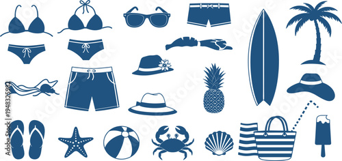 Summer Beach Silhouette Icon Set with Swimwear, Surfboard, Palm Tree, Pineapple and Vacation Accessories for Travel and Holiday Design