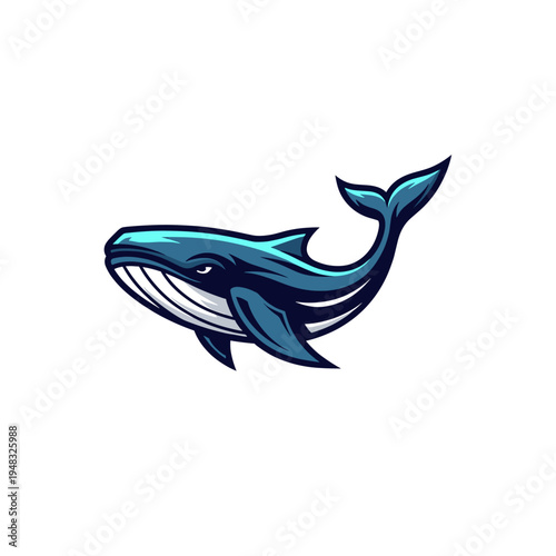 Dynamic blue whale mascot logo design with a powerful and determined expression, featuring shades of blue and white.