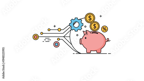 Fintech and digital banking innovation concept featuring a piggy bank integrated with technology circuits and coins.