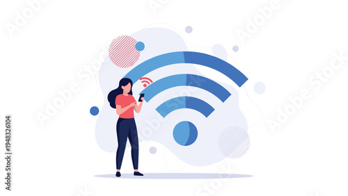 Digital connectivity and wireless internet access concept with a woman using a smartphone near a large wifi signal symbol.