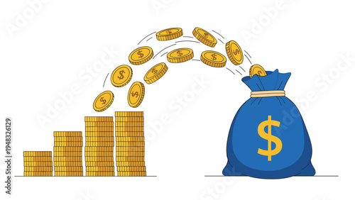 Wealth accumulation and financial deposit concept showing gold coins falling from stacks into a large blue money bag.