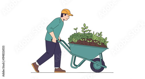 A person pushing a wheelbarrow full of plants on a sunny Arbor Day