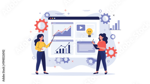 Business data analysis and team presentation concept featuring two professionals explaining charts on a digital platform.