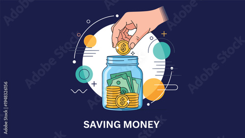 Financial savings and wealth growth concept showing a hand placing a gold coin into a glass jar filled with cash money.