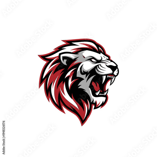 A fierce and aggressive lion head mascot logo with red, white, and black colors, roaring with bared teeth, depicted in a dynamic and stylized graphic design.