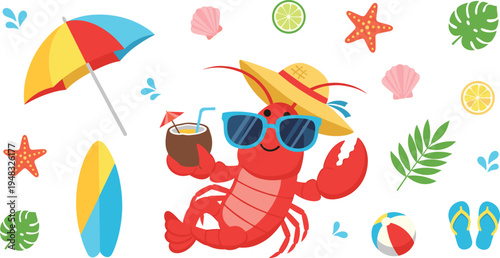 Cute lobster on summer vacation with sunglasses drink beach elements tropical flat vector illustration set