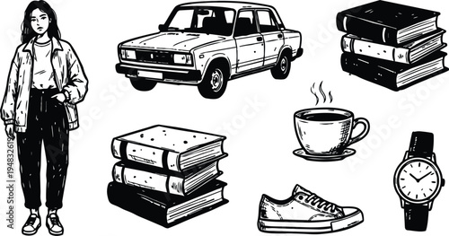 Line art sketch collection of vintage car stacked books coffee cup sneaker watch and standing woman in casual outfit