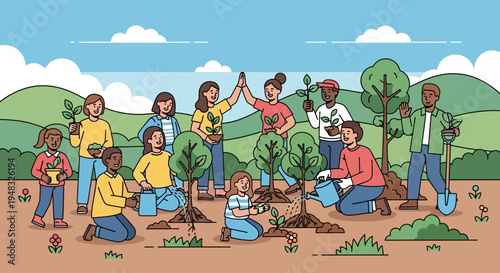 People planting trees on arbor day in a natural landscape