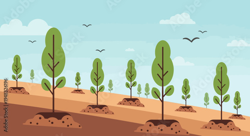 Trees are planted on a sunny day near an arbor.