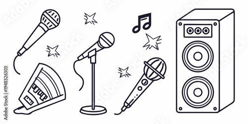 a collection of microphones and a speaker with musical notes Vector