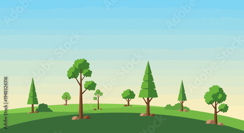 Trees stand on a green hill under a clear day near an arbor