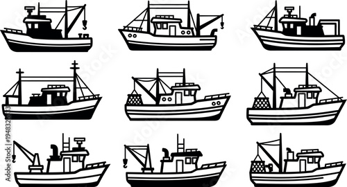Collection of nine different fishing boats with unique designs and features showcasing various styles and equipment for diverse fishing needs and environments