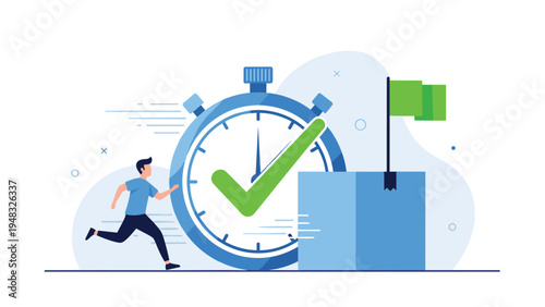 Active character running towards delivery package with large stopwatch and green checkmark representing fast shipping service.